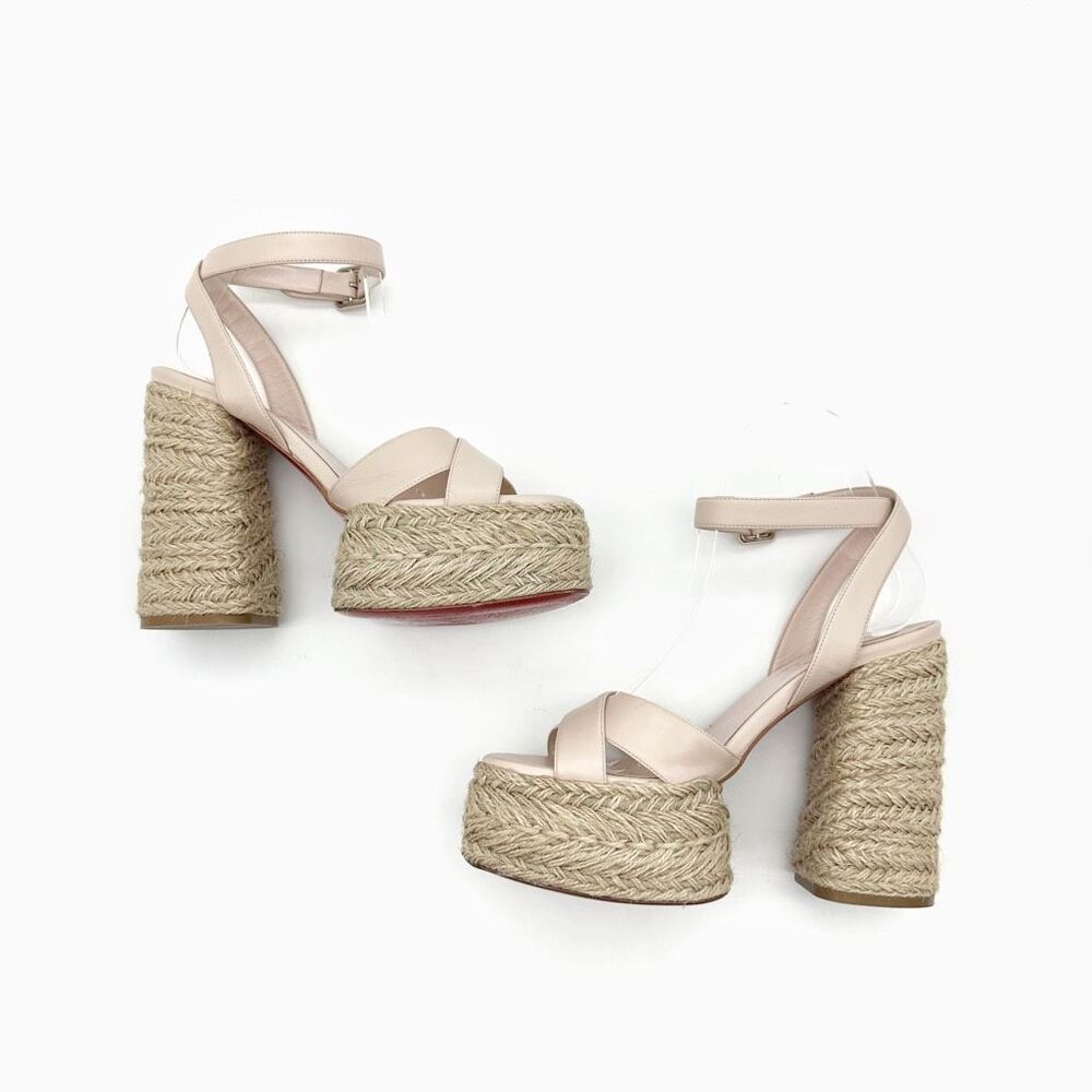 CHRISTIAN LOUBOUTIN Super Mariza Platform Espadrille Block Heels Size 38 Beige - Picture 5 of 15